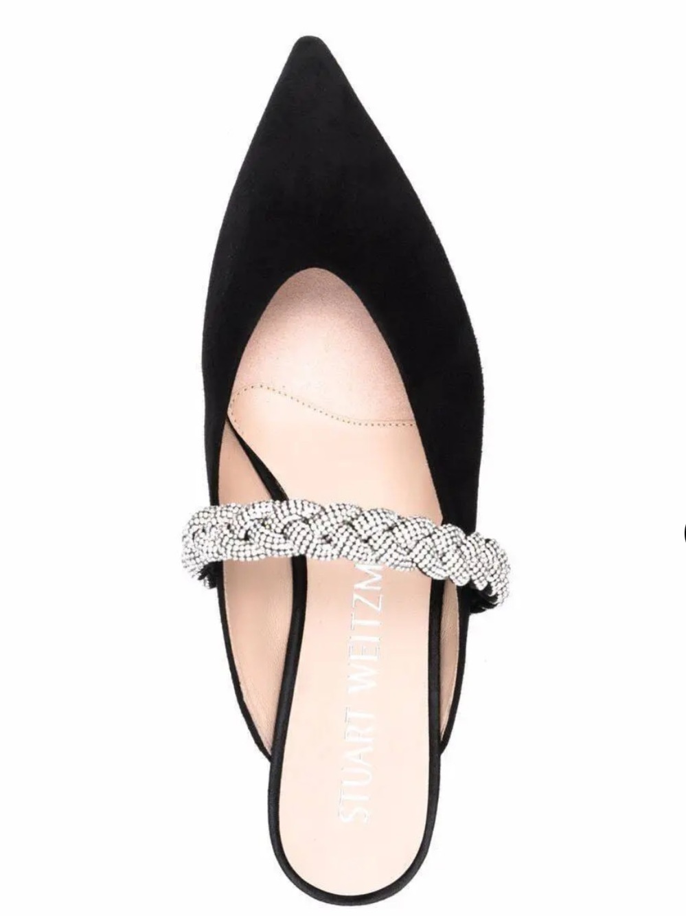 Stuart Weitzman Black Strap Flat Addison 8.5 evening crystal embellished mules